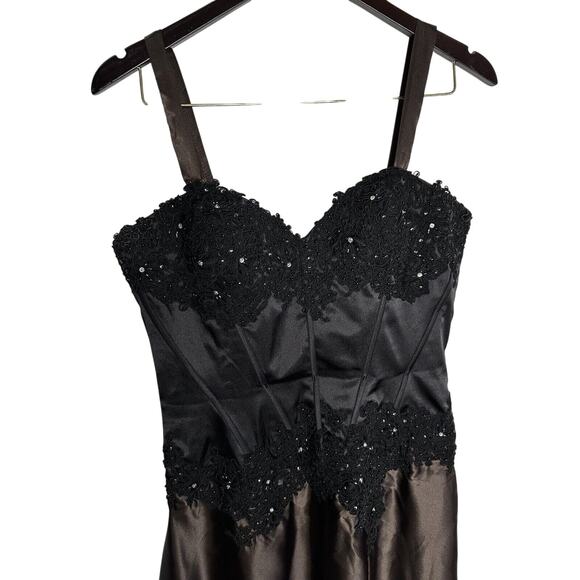 Jovani Embellished Lace Brown Satin Black Beaded Prom Evening Gown 12 Pageant - Picture 2 of 16